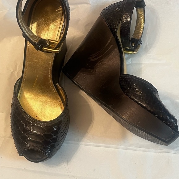 Coach Chocolate python leather open toe ankle strap wedge heels Sz 7B Women - Picture 3 of 14